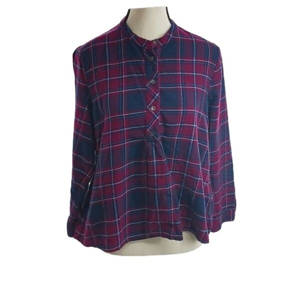 Lucy Brand Womens Medium Plaid Quarter Button Blouse Long Sleeve Casual Top